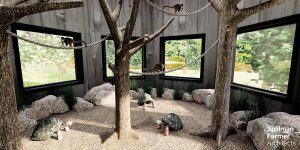 Image: Interior of Habitat Madagascar exhibit featuring lemurs climbing on faux trees and leopard tortoises wandering on the substrate